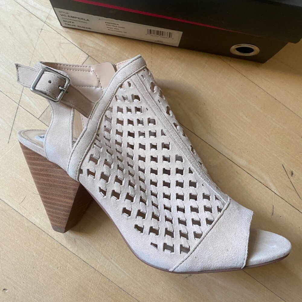 Vince Camuto BNWT Women's suede tan sz 10M "emperla" cage sandal cone heel